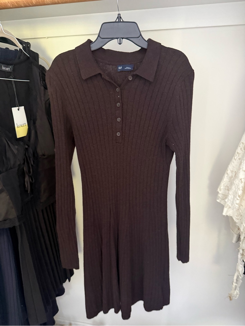 GAP Ribbed Long Sleeve Polo Dress in Brown